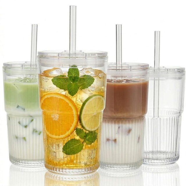 Haundry Ribbed Glass Tumbler with Lid and Straw, 4 Pack 16 oz Iced Coffee Cups, Reusable Drinking Glasses with Leak-Resistant Lids, Fits Car Cup Holders, Dishwasher Safe for Latte, Smoothie, Juice