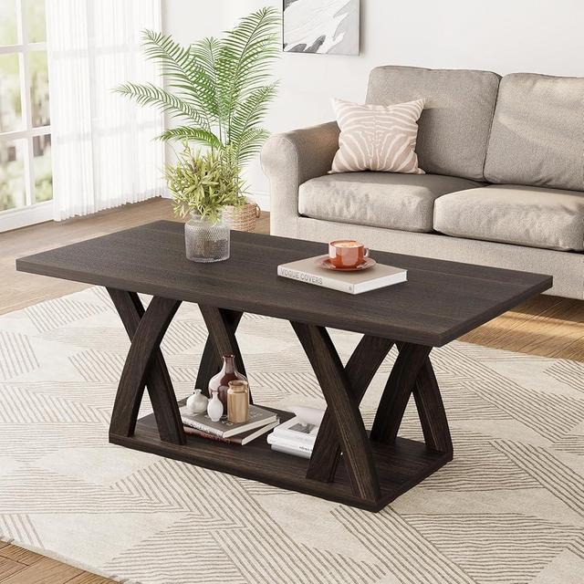 FJTFORME Coffee Table, Rectangle Wood Coffee Table with Storage Shelf, Floor Table for Living Room, Modern Mesa de Centro para Sala, Space-Saving Coffee Tables for Living Room, Rustic Center Table