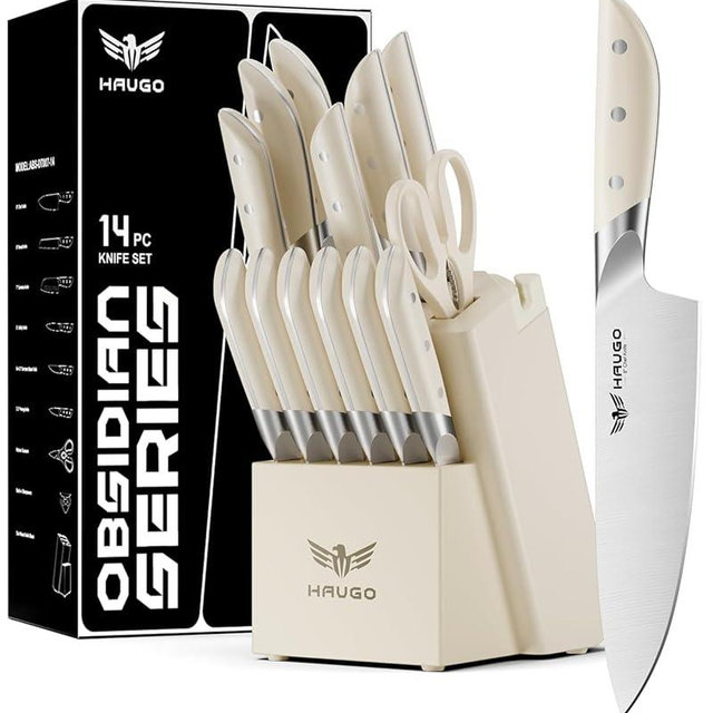 Kitchen Knife Set - Haugo 14 PCS Cream White Knife Set with Block and Sharpener - German Stainless Steel - Full Tang Knife Block Set and Ergonomic Handle - Obsidian Series