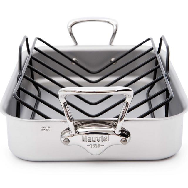 Mauviel Made In France M'Cook 5 Ply Stainless Steel 5217.15 15.7 by 11.8-Inch Rectangular Roasting Pan and Rack with Cast Stainless Steel Handles