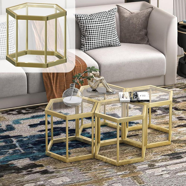 LUGSHIREE Gold Coffee Table Glass Modern Coffee Table, Hexagon Free Combination Glass Center Table Small End Tables with Metal Frame for Living Room Set of 1