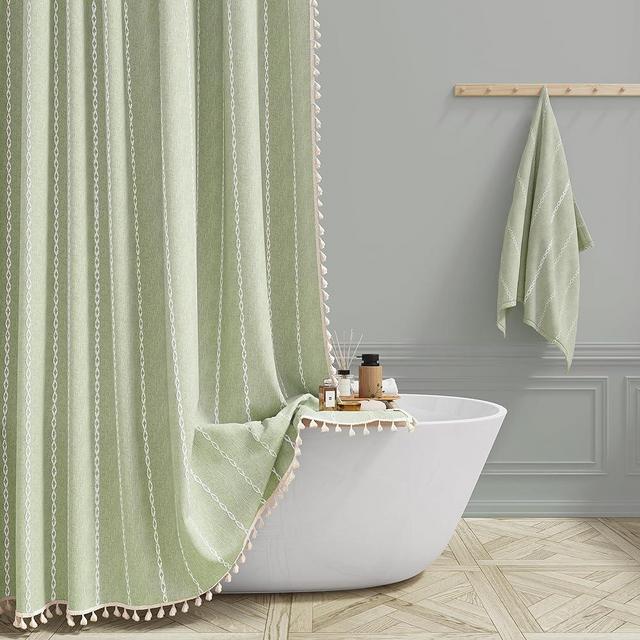 BTTN Sage Green Farmhouse Shower Curtain, Boho Linen Striped Heavy Duty Fabric Shower Curtain Set with Tassel, Bohemian Country Thick Shower Curtain for Bathroom, Wrinkle Free, Water Repellent, 72x72