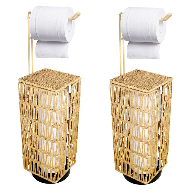 Oranwell 2 Pack Free Standing Toilet Paper Holder with Shelf, Bathroom Floor Toilet Tissue Holder Stand Handwoven Bath Pedestal Square Toilet Paper Roll Holder Storage Organizer Basket Rack Dispenser