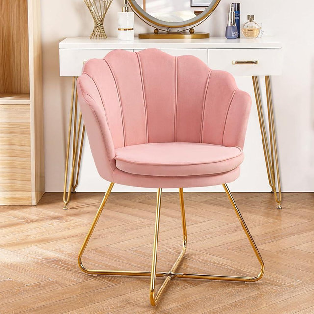 Furniliving Pink Vanity Chairs, Velvet Makeup Chair for Bedroom, Home Office Desk Chair with Gold Plating Legs, Cute Accent Chair for Makeup Room, Bedroom, Living Room, Guest Reception (Velvet Pink)
