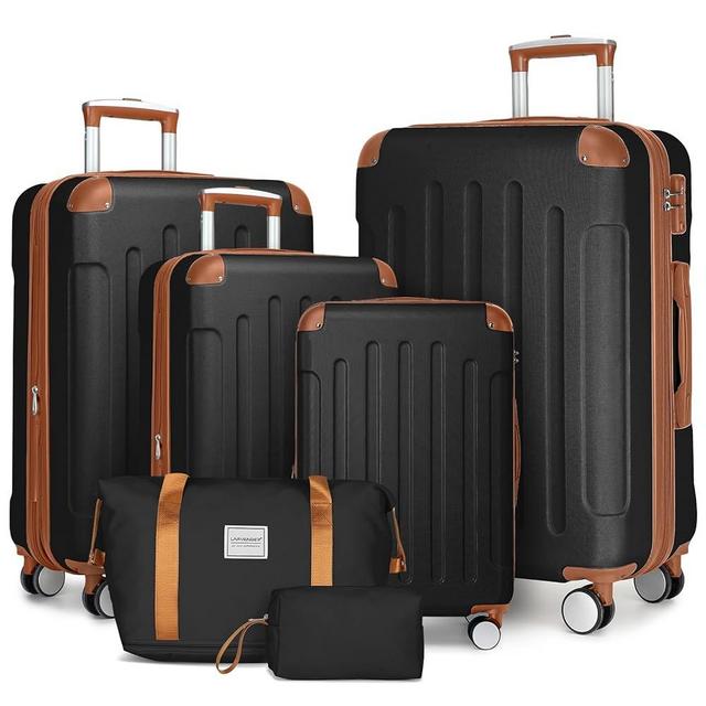 LARVENDER Luggage Sets 6 Piece, Expandable Luggage Set Clearance for Women, Suitcases with Wheels, Hardside Hard Shell Travel Luggage with TSA Lock (Black Brown, 6pcs)