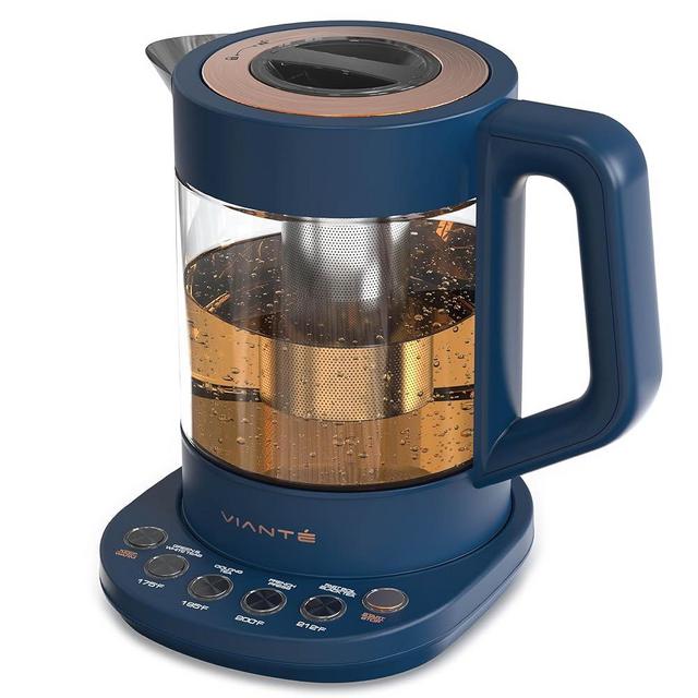 Vianté Hot Tea Maker Electric Glass Kettle with tea infuser and temperature control. Automatic Shut off. Brewing Programs for your favorite teas and Coffee. 1.5 Liters capacity. | Midnight Blue Color