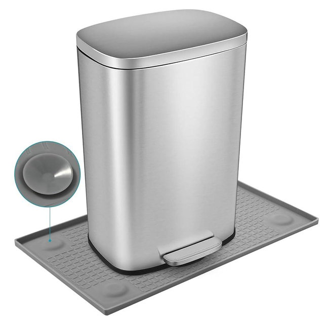 OBKING Trash Can Mat, Silicone with Dual Non-Slip Texture, Bottom Suction Cups for Secure Placement on Smooth Surfaces, Raised Edges to prevent Spills,Suitable for Kitchen, Living Room, Bedroom
