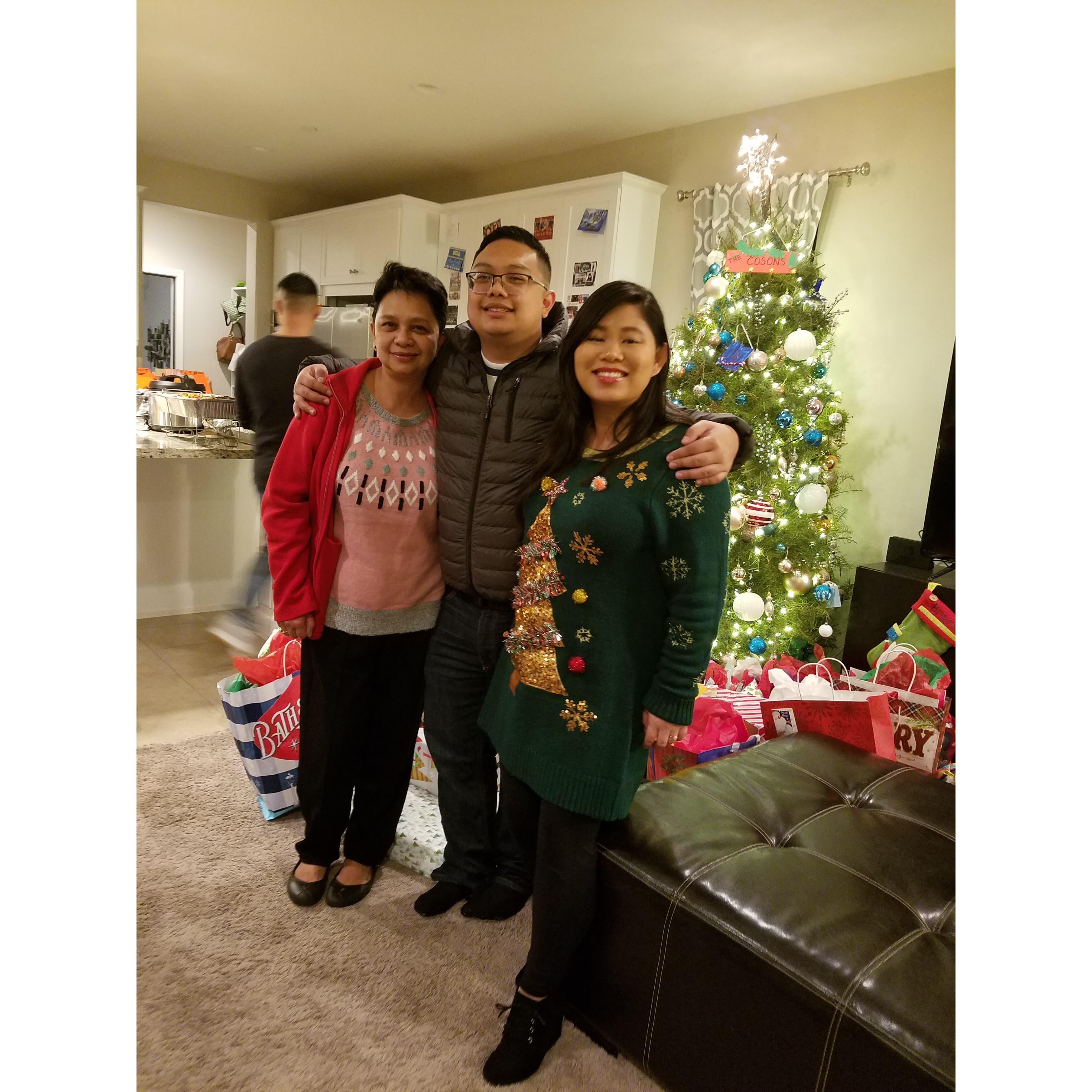 Criselda, Jan, and Kalia at the Coson Christmas Party