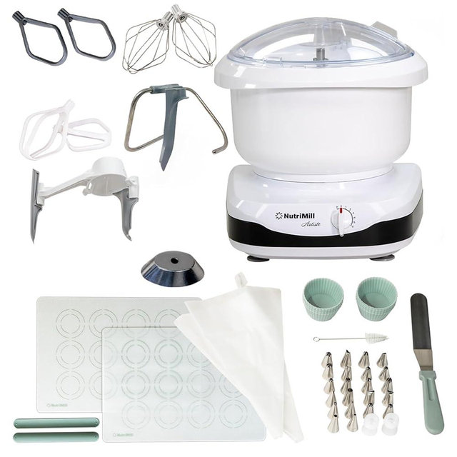 NutriMill Artiste Kitchen Stand Mixer with Baker's Accessory Bundle (Black)
