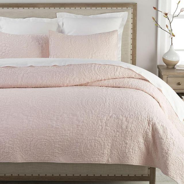 Belgian Flax Linen Floral Stitch Quilt, Full/Queen, Soft Rose