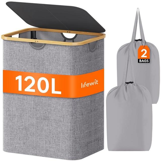 Lifewit 120L Laundry Basket with Lid, Clothes Hampers for Laundry with Bamboo Handles and A Removable Laundry Bag, Large Foldable Laundry Hamper for Bedroom, Bathroom, Dorm, Laundry Room, Light Gray