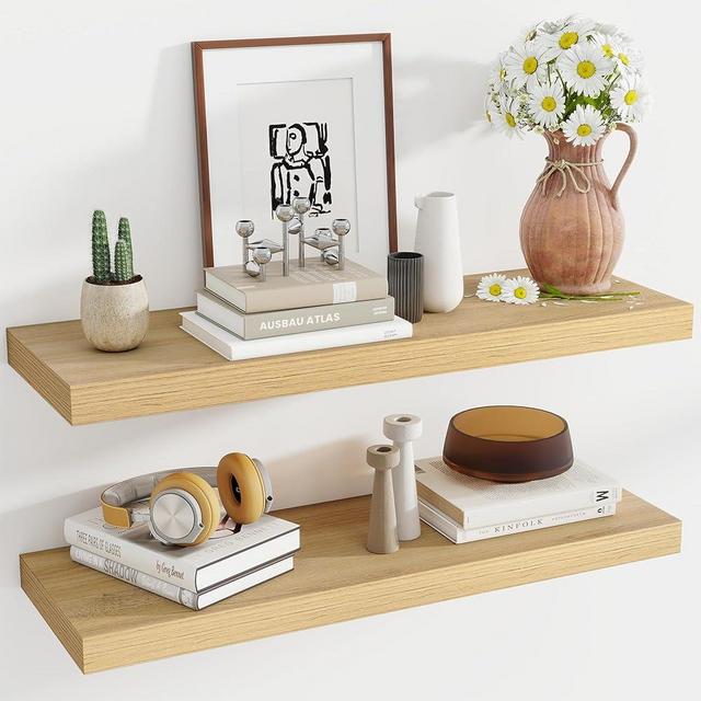 Acovy 36 Inch Floating Shelves, 12 Inch Deep Floating Shelves for Wall, Floating Shelf with Invisible Brackets, Deep Shelves for Bathroom, Bedroom, Living Room, 2 Pack, Natural