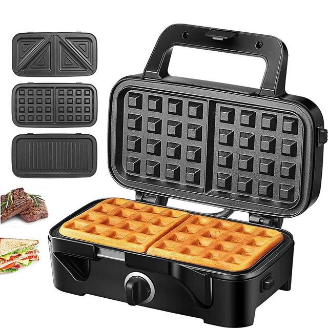 Decen Sandwich Maker 3-in-1 Waffle Maker, 1200W Panini Press Grill with 3 Detachable Non-stick Plates, LED Indicator Lights, Cool Touch Handle, Easy to Clean, Black