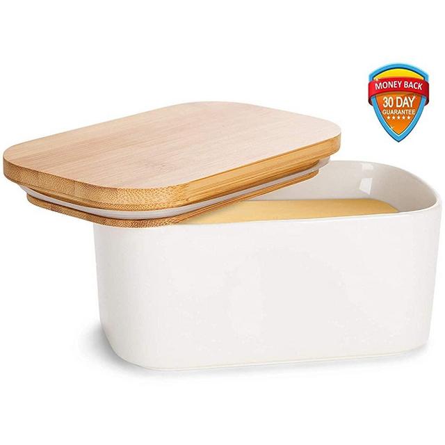 Butter Dish with Lid,Ceramic Butter Container with Lid,White Porcelain Butter Keeper with Bomboo Lid & Seal Ring,Airtight Butter Holder with Lid for Refrigerator and Camping(300ML)
