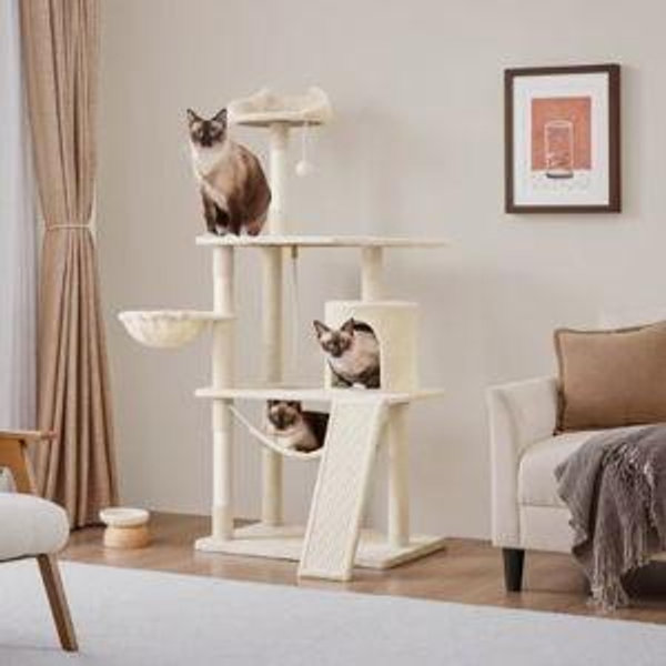 YAHEETECH 63.5-in Plush Cat Tree & Condo, Beige - Chewy.com