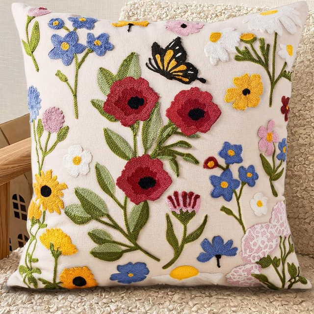 Kokaaee Embroidered Throw Pillow Cover 18x18 Inch - Spring Summer Boho Decorative Pillow Cover with Zipper for Living Room Couch Sofa Bed Aesthetic Design Retro Flower Cushion Pillowcase