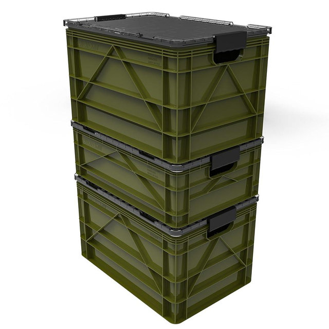 SIDIO CRATE Starter Pack - Two Full Size and One Half Size SidioCrate, Stackable Outdoor Organizer Storage Bins with Clear Lid and Dividers - Green