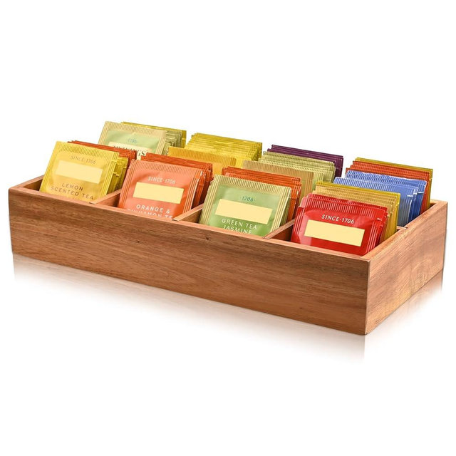 Acacia Wood Tea Bag Organizer with 8 Slots – Tea Bag Holder and Tea Organizer, Sugar Packet Storage for Countertops