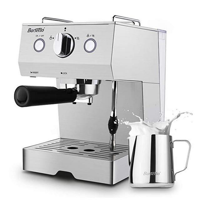 Espresso Machine Barsetto Coffee Machine 15 Bar Stainless Steel Coffee Brewer with Milk Frother Wand, Package w/Free Milk Frothing Pitcher, for Cappuccino, Latte and Mocha (Stainless Steel)