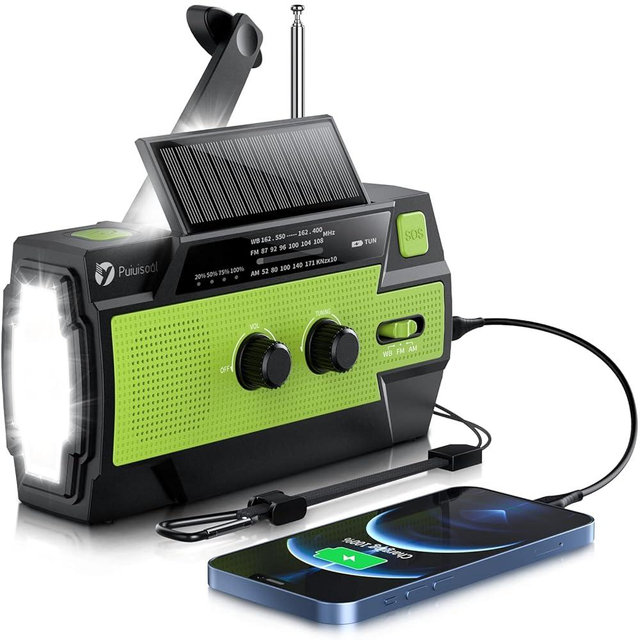 Emergency-Radio,Puiuisoul 4000mAh Weather Radios with Hand Crank & Solar Charging,3 Gear LED Flashlight,SOS Alarm, Portable Power Bank,AM/FM/NOAA,Motion Sensor Reading Lamp