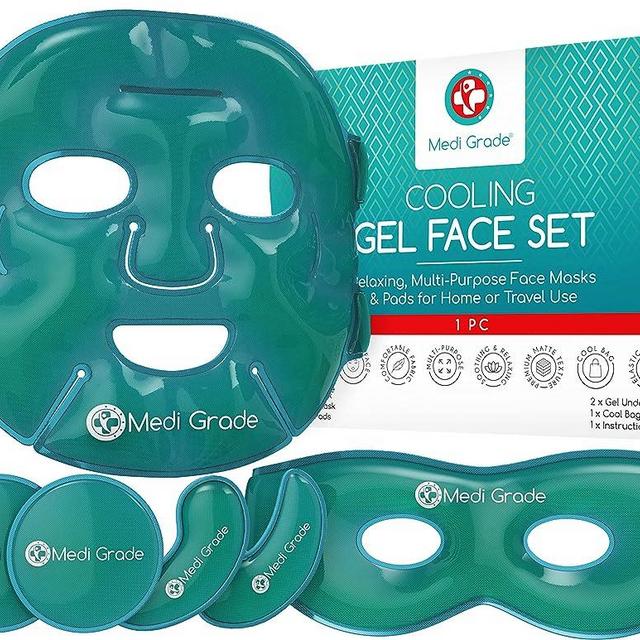 Medi Grade Cooling Face Mask and Cold Eye Mask - Safe Gel Technology Complete Eye, Under Eye and Face Ice Pack Set - Soothing for Dark Circles and Puffiness - Cool Bag Incl.