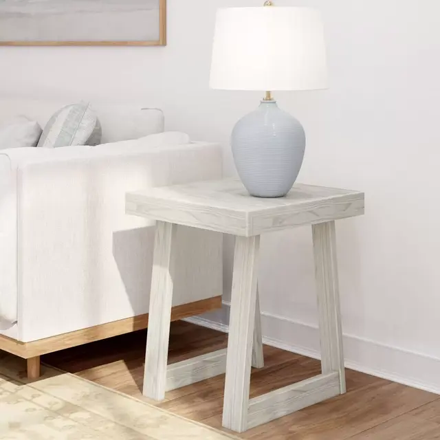 Plank+Beam Classic Square Side Table, Slim Side Table for Living Room, Nightstand for Small Spaces, Wood End Table for Bedroom, White Sand Wirebrush