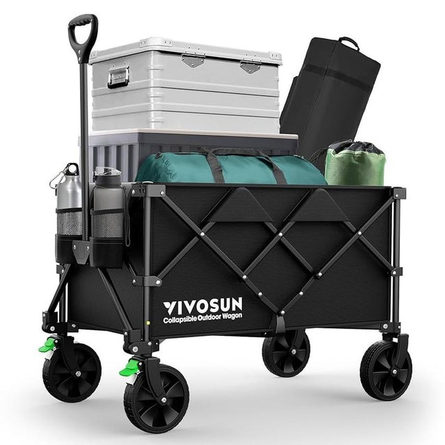 VIVOSUN Collapsible Folding Wagon, Outdoor Utility with Silent All-Terrain Wide Wheels, Adjustable Handle, Cup Holders & Side Pockets, for Camping, Beach, Shopping, Garden, Sports, Picnic, Black