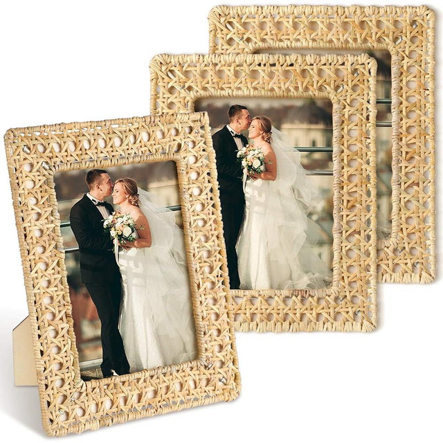 CroBlissful 3pcs Boho Woven Rattan Picture Frame Set Rustic Wicker Photo Frames with Stand for Tabletop & Wall Display, Farmhouse Summer Decor for Home & Bookshelf(4x6 Inch)