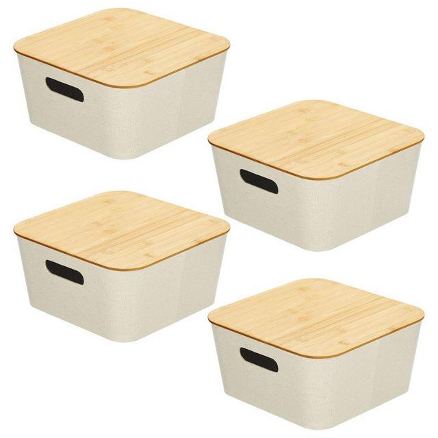 Soft Storage Fabric Wrapped Bin w/ Bamboo Lid, 12" x 12" x 6", Cream, Set of 4