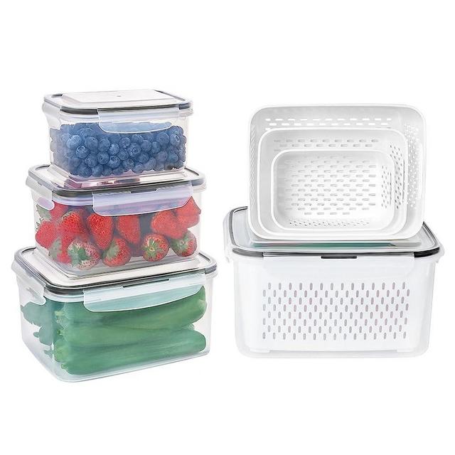 4 PCS Fruit Storage Containers for Fridge with Removable Colanders, Different Sizes Airtight Food Storage Containers - Dishwasher Safe, Produce Saver Containers for Refrigerator to Keep different Berry, Fruits, Vegetables, Meat Fresher Longer