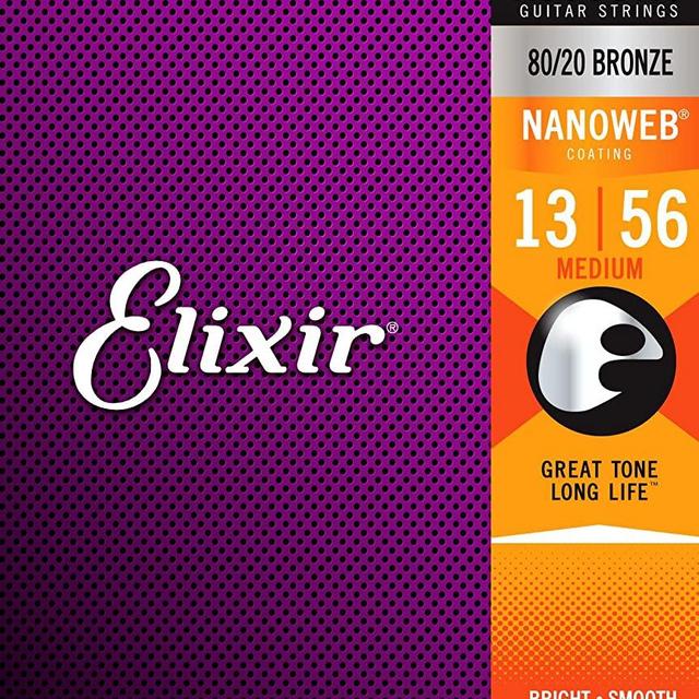 Elixir Strings 80/20 Bronze Acoustic Guitar Strings w NANOWEB Coating, Medium (.013-.056)