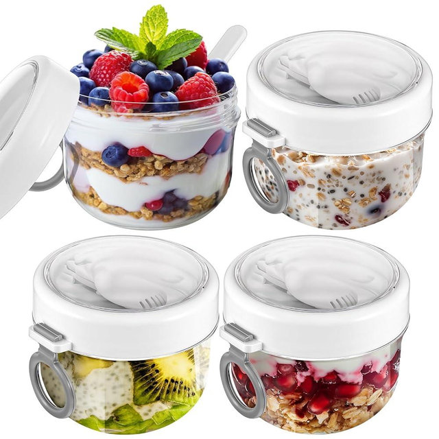mekueeex 4 Pcs Overnight Oats Container with Lids and Spoons, 20 oz Plastic Overnight Oats Jars Large Capacity Airtight Yogurt Container for Milk, Fruit, Cereal and Salad Storage