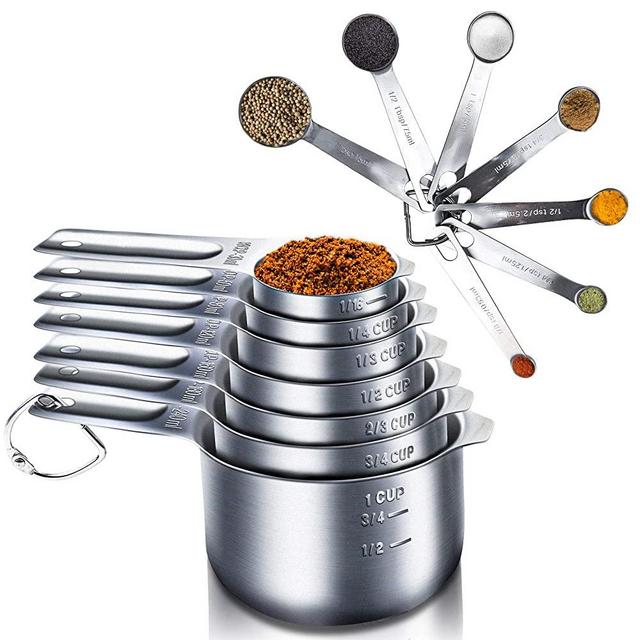 Qisebin Measuring Cups and Spoons Set. Measuring Cups 304(18/8) Stainless Steel, Heavy Duty 5 Measuring Spoons + 5 Measuring Cups + 1 Measuring ruler for Baking Use + 1 Coffee Spoon