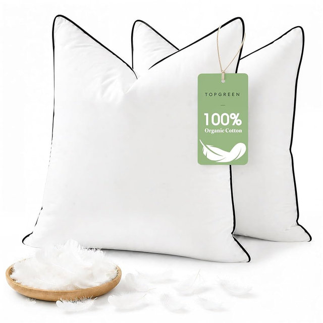 TOPGREEN Feathers Down Pillow Inserts 18x18 (Pack of 2, White), 100% Organic Cotton Cover, Decorative Pillow Forms for Sofa, Couch, or Bed