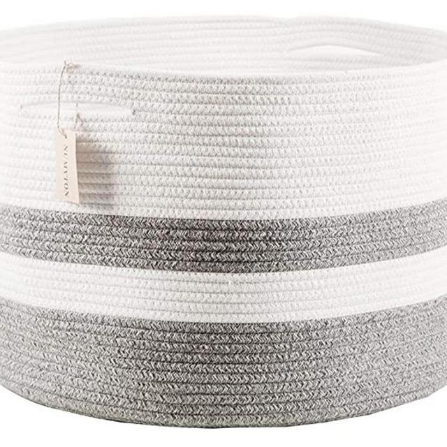 Numyton XXXL Large Cotton Rope Laundry Basket 22" x22"x 14" Woven Basket,Toy Storage Basket, Blankets Basket, Nursery Hamper, White Grey
