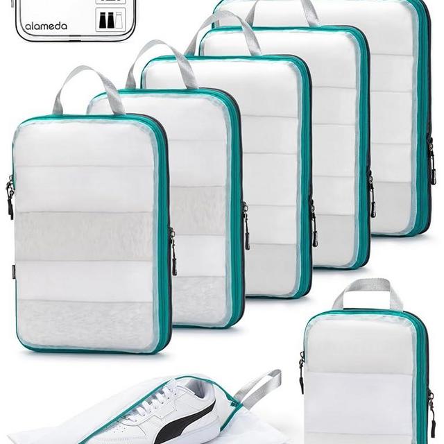 Large Compression Packing Cubes for Travel with See Through Mesh - Alameda 8 Set Packing Cubes for Suitcases Compression Series with Full-Zipper, Expandable Suitcase Organizer Bags Set, White