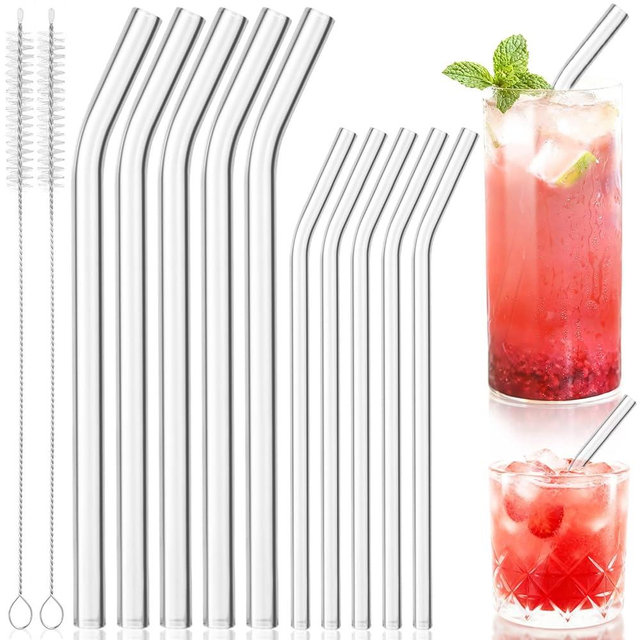 Yomarket 10 Pack Reusable Bent Glass Straws 8" x 8 mm and 9"x12 mm Glass Drinking Straws with 2 Cleaning Brushes, Reusable Clear Straws for Smoothies, Milkshake, Cocktails, Tea, Juice