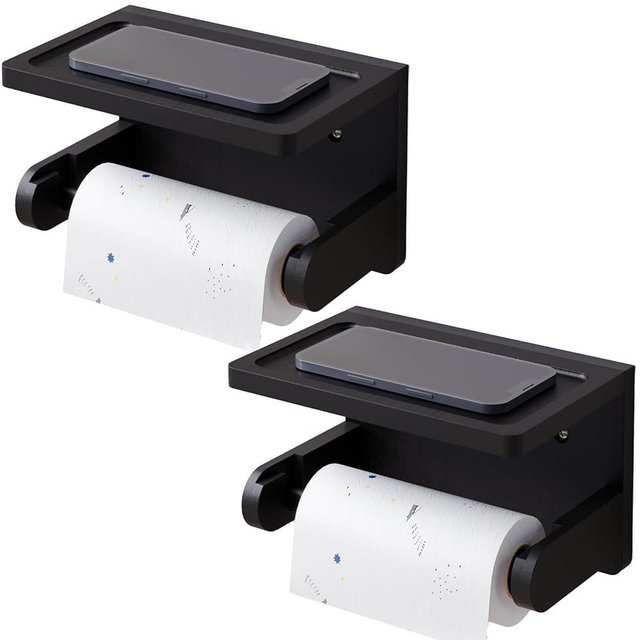 VERTORGAN 2 Pack Toilet Paper Holder with Phone Shelf,Bamboo Wall Mounted Tissue Roll Holder for Bathroom(Black)
