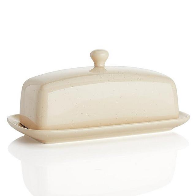 Sweese Butter Dish with Lid, Porcelain Butter Keeper, 7.8 Inch Butter Holder with Handle Cover, Butter Container Perfect for East West Coast Butter, Beige