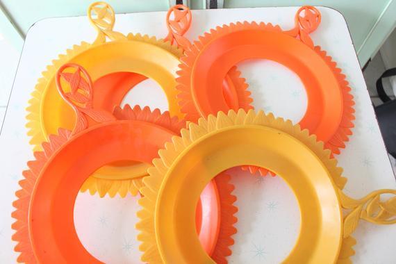 Vintage MUSTARD and Orange Dinner Set...yellow. plates. vintage home. set. 1960s. 1970s. picnic. home decor. groovy. kitschy. plate holder