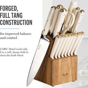 Martha Stewart Knife Block Set 16-Piece - Lockton High Carbon Stainless Steel Forged Full Tang Chef Knives, Acacia Wood Block, Triple Riveted Handles, Linen White & Gold