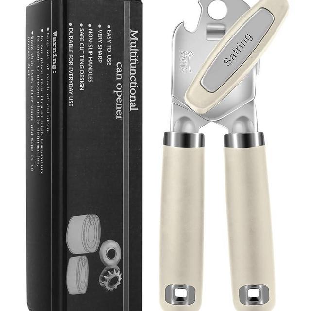 Safring Can Opener Manual, Heavy Duty Handheld Strong Can Opener with Soft Touch Handle, Sharp Blade Smooth Edge, Can Openers with Multifunctional Bottle Opener, Beige