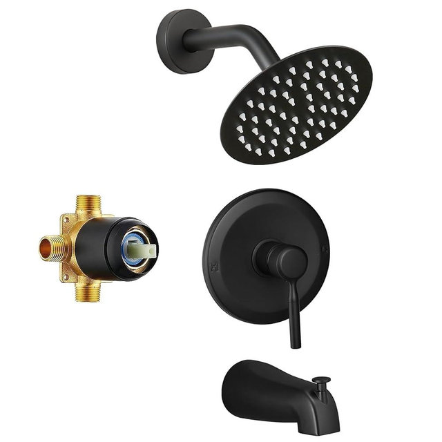 Tub Shower Faucet Set Valve Included with 6-Inch Rain Shower Head and Tub Spout Single-Handle Tub and Shower Trim Kit Matte Black