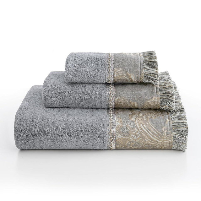 Loom and Mill Luxury Bath Towel Set 3 Piece, Ultra Soft Velour Cotton Cut Pile Decorative Highly Absorbent Quick Dry Elegant Jacquard Embroidered Bath Towels for Bathroom Hotel, Spa and Kitchen (Grey)