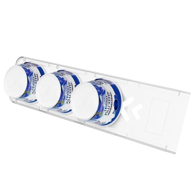 SOPHICO Yogurt Organizer for Fridge, 4 Capacity Yogurt Sliders for Refrigerator, Yogurt Holder with Adhesive Tapes for 3.75 Inch Yogurt, Greek and Vegan Yogurt (Transparent,1 Pack)