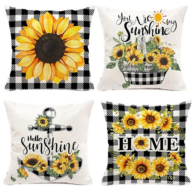 pinata Decorative Sunflower Pillow Cover Yellow Black Buffalo Plaid Throw Pillow Cover 18x18 Set of 4 Linen Farmhouse Sunflower Decor for Home Outdoor Sofa Couch, Fall Flower Pillow case (no Insert)