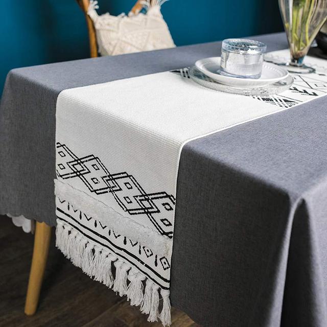 KIMODE Moroccan Fringe Table Runner 14 in x 72 in, Bohemian Geometric Cotton Handmade Woven Tufted Tassels Farmhouse Dinning Table Linen Machine Washable Minimalist Home Decorative, Black and White