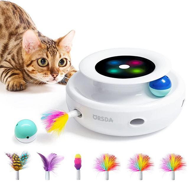 Cat Toys ORSDA 2-in-1 Interactive Cat Toys for Indoor Cats, Automatic Cat Toy Balls, Ambush Feather Kitten Toys with 6pcs Attachments, Dual Power Supplies, Adjustable Speed, Auto On/Off…