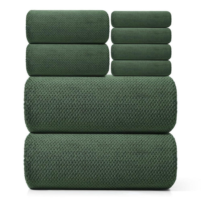 REDKISS Premium Towel Set of 8 - Ultra Soft Microfiber, Contains 2 Large Bath 35x70, 2 Hand 14x30, 4 Washcloths 14x14, Highly Absorbent, Quick Dry, Ideal for Everyday use, Hotel & Spa, Olive Green