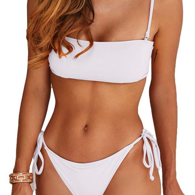 Almaree Women's White Spaghetti Strap Bandeau Tie Back Swimsuit 2 Piece Bikini Small